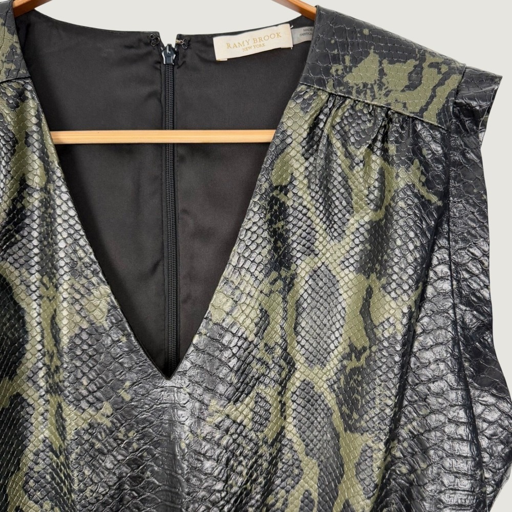 Ramy Brook Faux Leather Snakeskin Mini Dress Olive Green Black V-Neck Size 4